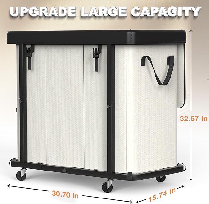 230L (60 Gal) Large Fashion Laundry Basket with Wheels, Leather Patchwork Laundry Sorter 3 Section, Sturdy Metal Frame, Removable Washable Bag, Tall Clothes Sorter for Bedroom - Beige