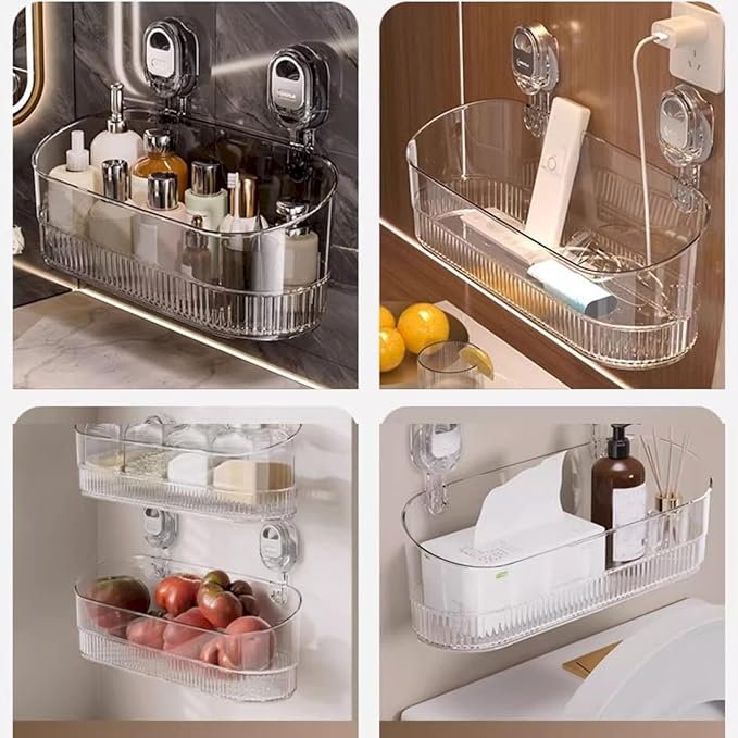 No-Drill Bathroom Suction Storage Box,Corrugated Suction Cup Storage Holder,Powerful Suction Storage Box,Removable Hanging Storage Basket, No Drilling Shelves Caddy, Ripple Acrylic Wall Shelf (Clear)