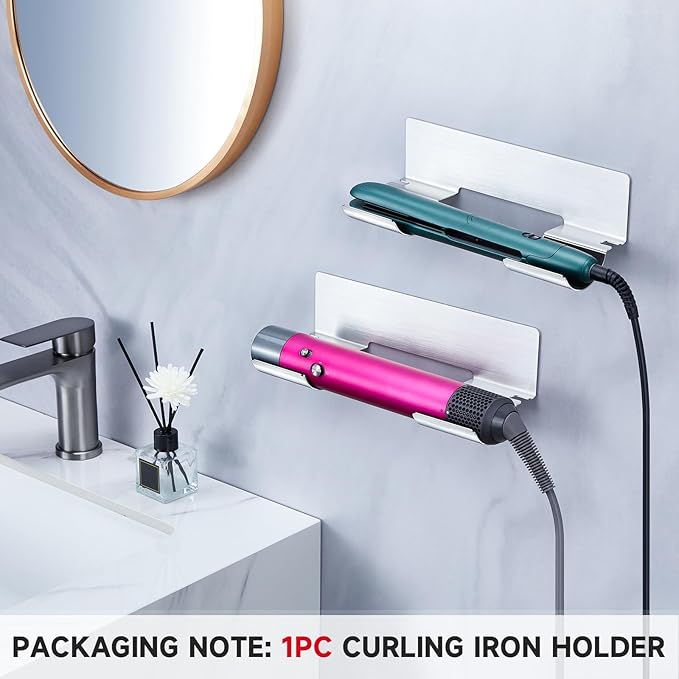 Hair Tool Organizer Wall Mount, Hair Dryer Holder for Curling Wands Accessories, Hair Straightener Holder, Styler Attachments Organizer, Adhesive Curling Iron Holder Storage, Stainless Steel