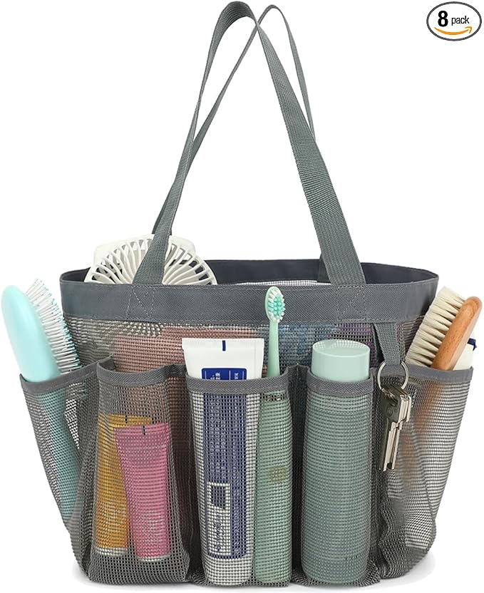Mesh Shower Caddy Portable for College Dorm Room Essentials, 8-Pocket Large Shower Basket Tote Bag with 2 Handles for Toiletry, Bathroom, Beach, Camp, Gym