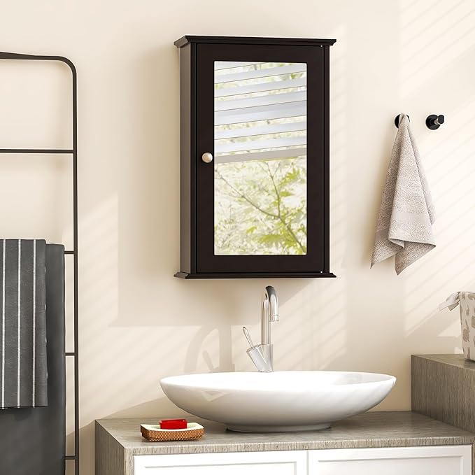 Tangkula Bathroom Medicine Cabinet with Mirror, Wall Mounted Single Mirror Door Storage Cabinet w/Adjustable Shelf, Wall Cabinet w/Reversible Door for Bathroom Living Room Hallway (Brown)