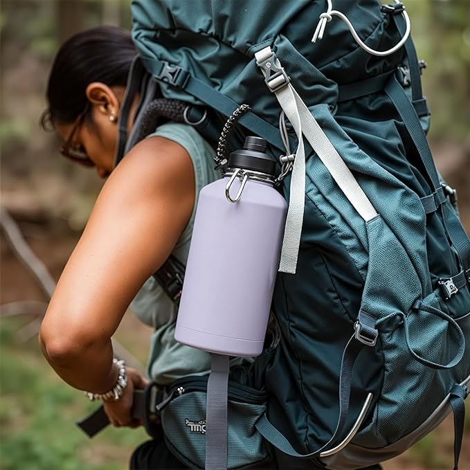 Gallon Water Bottle with 2 Lids (Straw & Spout), 304 Stainless Steel Water Jug with Handle and Wide Mouth, 1 Gallon Vacuum Double Walled Jug for Sports, Outdoors, Purple, 128 oz