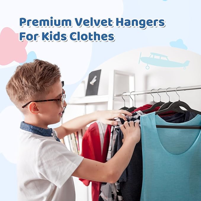 Smartor Premium 14 Inch Kids Hangers 50 Pack, Black Baby Velvet Hanger, Non Slip, Space Saving Felt Hangers Clothes Organizers for Closet with 360° Swivel Hook for Children, Toddler & Teens