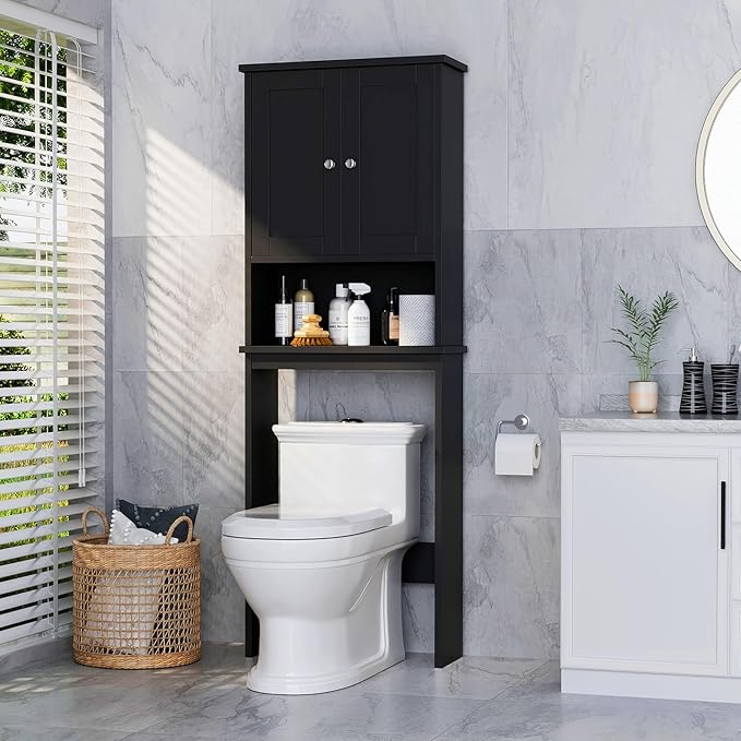 Meilocar Over The Toilet Storage Cabinet for Bathroom, Black Bathroom Storage Over Toilet, Space Saver W/Adjustable Shelf and Open Shelf, Black