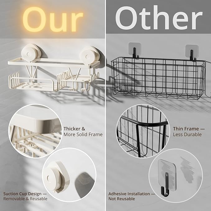KEGII Shower Caddy Suction Cup with Soap Holder and Hooks, Removable Suction Bathroom Organizer Shelf, No Drilling Shower Organizer, Stainless Steel Shampoo Holder for Bathroom Storage, Cream White
