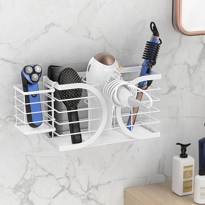 Hair Dryer Holder 3in1 Hair Tool Organizer/Wall Mounted,Cabinet Door or Desk-based Blow Dryer Holder/Height-adjustable Curling Iron Holder/Bathroom Cabinet Organizer for Flat Irons Curling Wand