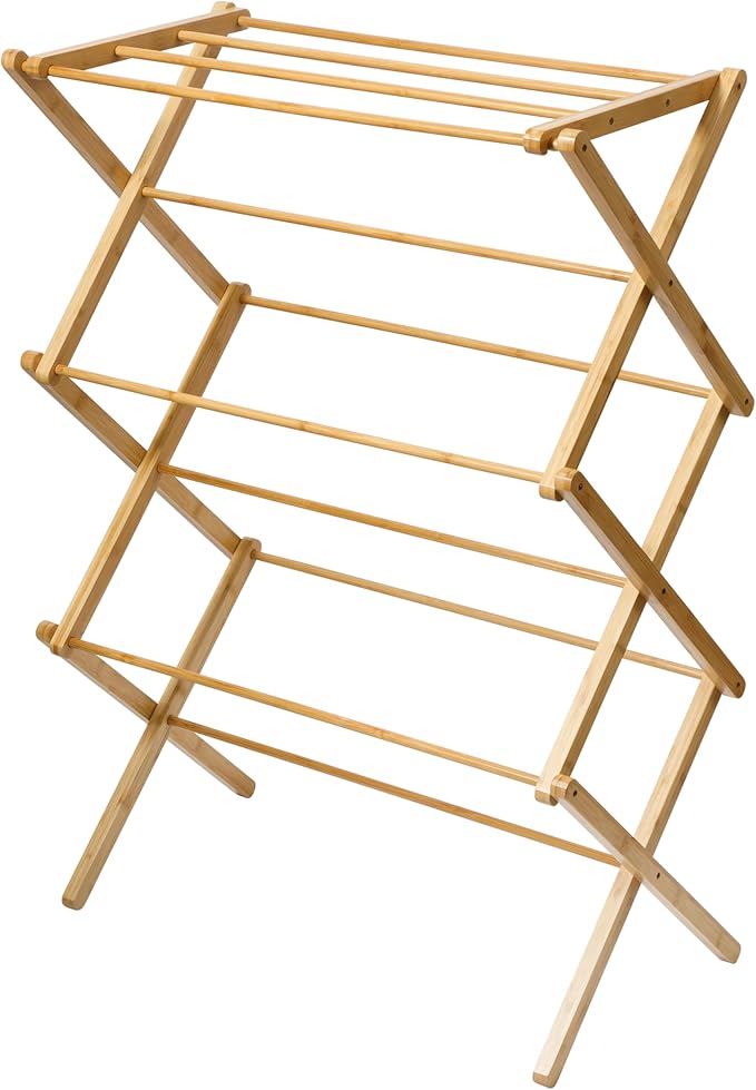 Gibson Home Riverrun Foldable Bamboo Drying Rack for Clothes & Towels – 2-Tier Collapsible Laundry Drying Rack, Space-Saving Air Dry Stand for Clothes, Towels, Blankets, etc for Indoor & Outdoor Use