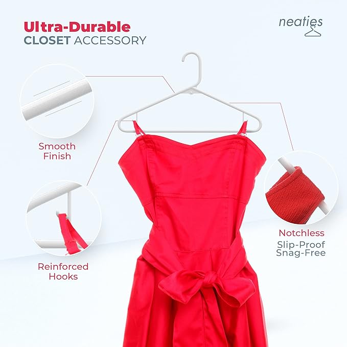 Neaties Plastic Hangers 50 Pack (60 Count) – Made in The USA – 6lb Capacity Standard Clothes Hangers with Strap Hooks for Dresses, Lingerie, Shirts, Pants, and Jackets – Gray