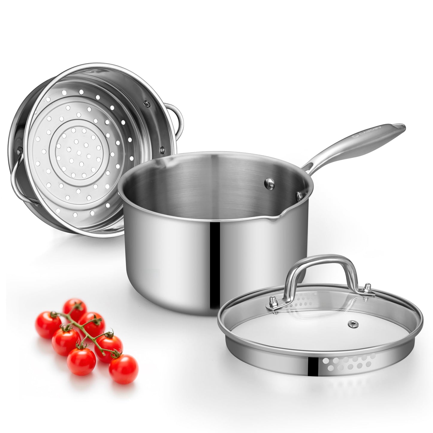 Cyrosa 2.0 Quart Saucepan with Lid, Stainless Steel Sauce Pot with Strainer Lid, Two Side Spouts for Easy Pour with Ergonomic Handle, Dishwasher Safe
