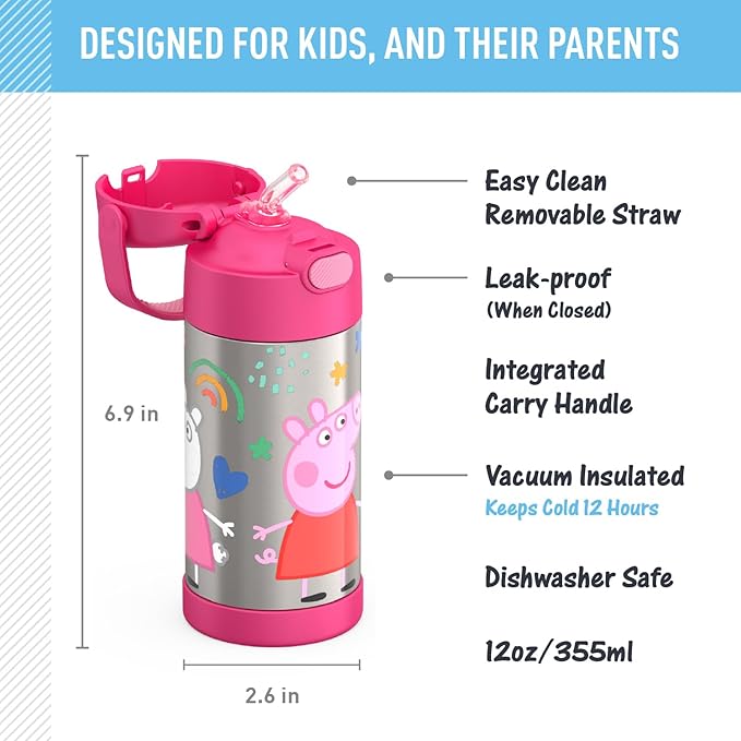 THERMOS FUNTAINER Water Bottle with Straw - 12 Ounce - Kids Stainless Steel Vacuum Insulated Water Bottle with Lid, Peppa Pig
