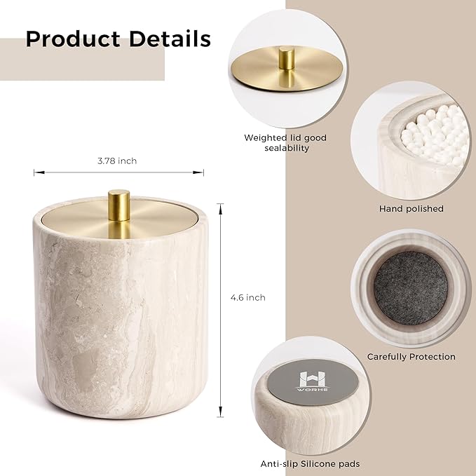 WORHE Marble Qtip Holder with Brass Lid for Cotton Swabs,Balls,Pads,Floss Picks Large Capacity Marble Apothecary Jar for Bathroom Essentials Decor, Vanity Makeup Storage Organizer Grey (WH079)