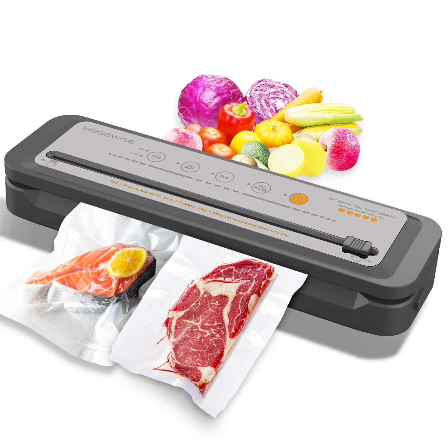 MEGAWISE Vacuum Sealer Machine, 2025 Model with 80kPa Suction Power, One-Touch Operation, Built-in Cutter, Compact Design, Vacuum Bags Included (Grey) (16.14 x 4.02inch)