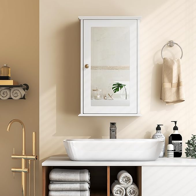 Tangkula Bathroom Medicine Cabinet with Mirror, Wall Mounted Single Mirror Door Storage Cabinet w/Adjustable Shelf, Wall Cabinet w/Reversible Door for Bathroom Living Room Hallway (White)