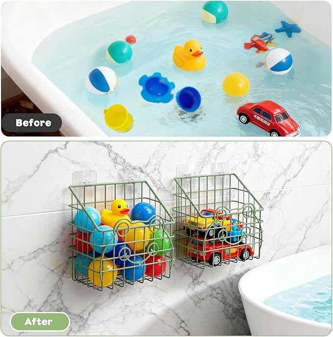 2 PackBath Toy Organizer, Wall Mounted Shower Storage Basket - Metal Bathtub Toy Holder with Hooks for Sorting Kids Toys, Baby Bath Accessories, Toiletries & Shampoo（Green frog）