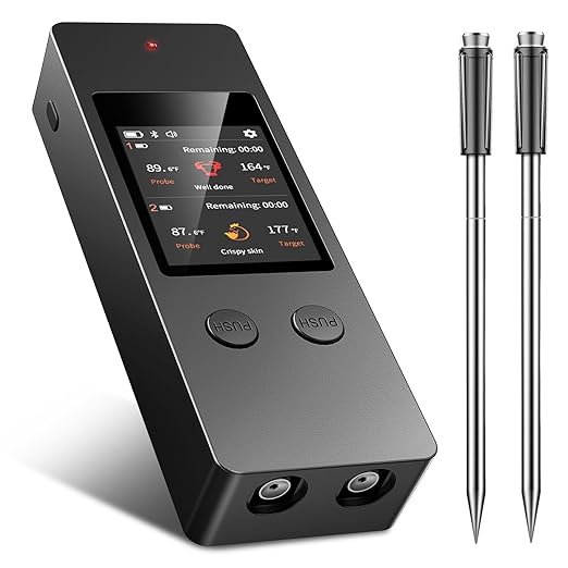 KylosTherm Bluetooth Wireless Meat Thermometer, No App Needed, 800FT Range, Dual Ultra-Thin Probes, IP67 Waterproof, HD Touch Screen - Perfect for BBQ, Grill, Oven, Smoker & Kitchen Cooking