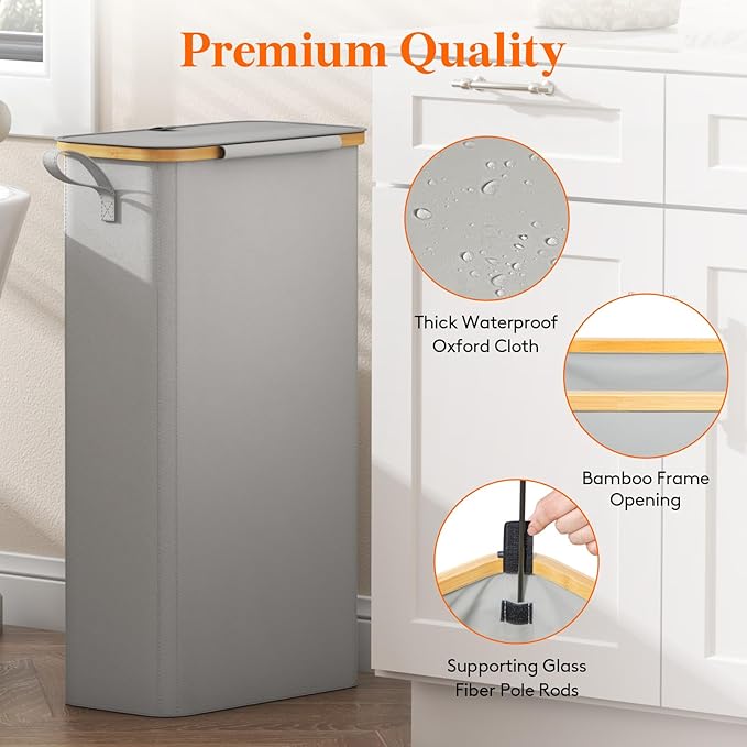 Lifewit 65L Slim Laundry Hamper with Lid, Narrow Laundry Basket with Removable Bag & Bamboo Handles, Fodable Thin Dirty Clothes Hamper for Laundry Collapsible Bin for Bathroom Bedroom Dorm,Silver Grey