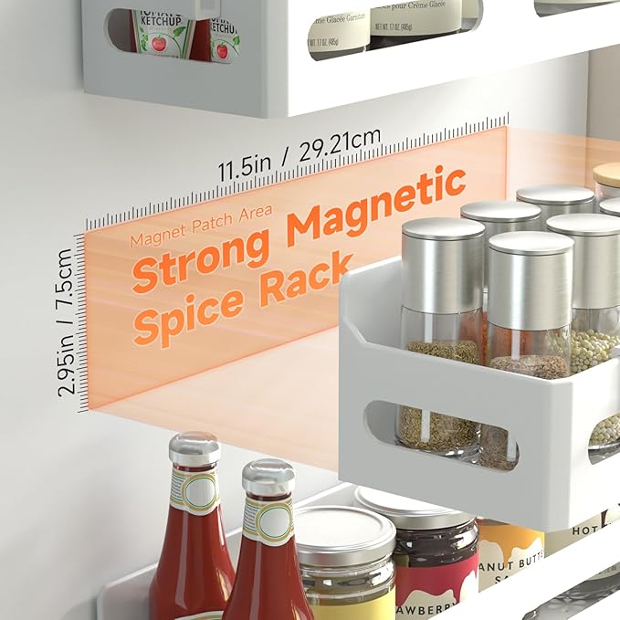 4 Pack Strong Magnetic Spice Rack for Refrigerator, Multipurpose Magnetic Shelf for Fridge with 4 Hooks for kitchen and Bathroom Organization, White