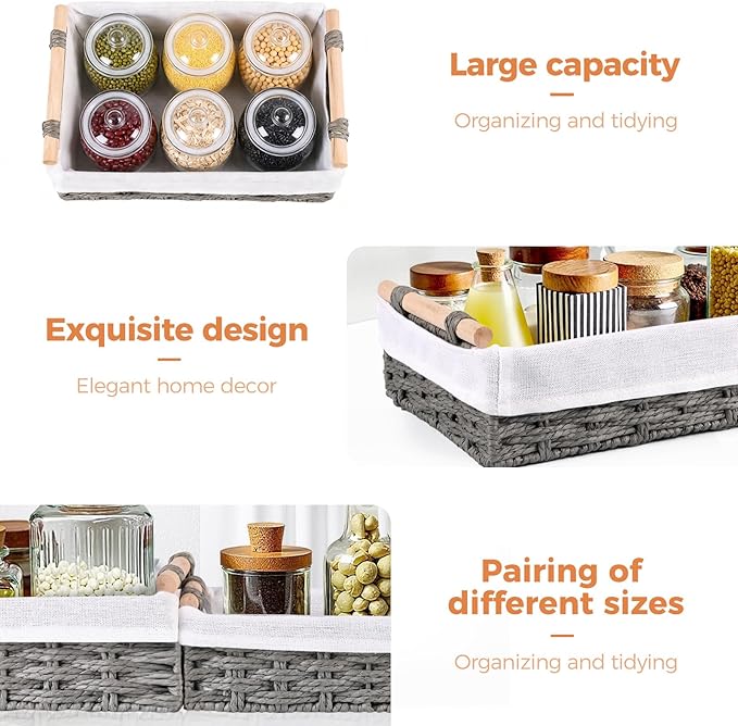 HomeHacks 2 Pack Storage Basket Paper Rope Baskets for Organizing with Handle Decorative Storage Bins for Countertop Toilet Paper Basket for Toilet Tank Top Small Baskets, Grey