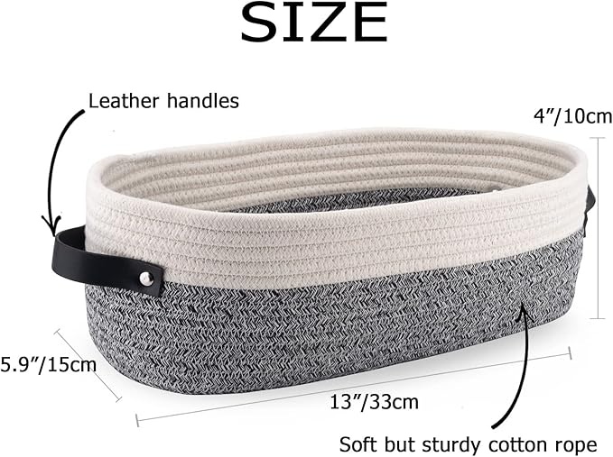2 Pack Small Cotton Rope Woven Basket Toilet Paper Baskets for Organizing Decorative Basket for Boho Decor Small Storage Basket 13"x5.9"x4" Variegated Gray&White