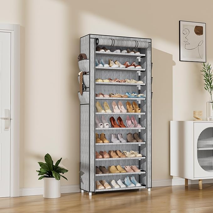 VTRIN Vertical Narrow Shoe Rack Organizer Tall Shoe Rack for Closet Entryway 10 Tier Non-Woven Cover Shoe Shelf Holds 36-41 Pairs Free Standing Shoe Storage Cabinet with Dustproof Cover, Multi Color