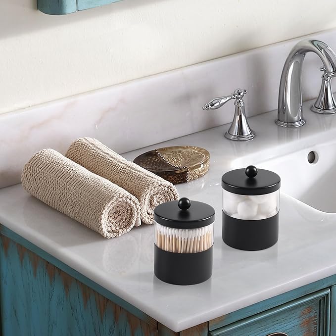Gaussra Black Apothecary Jars, Black Qtip Holder - Stainless Steel Bathroom Jar with Stickers - Farmhouse Decor Qtip Dispenser for Qtips, Cotton Balls, Swabs, Makeup Sponges (2-Pack)