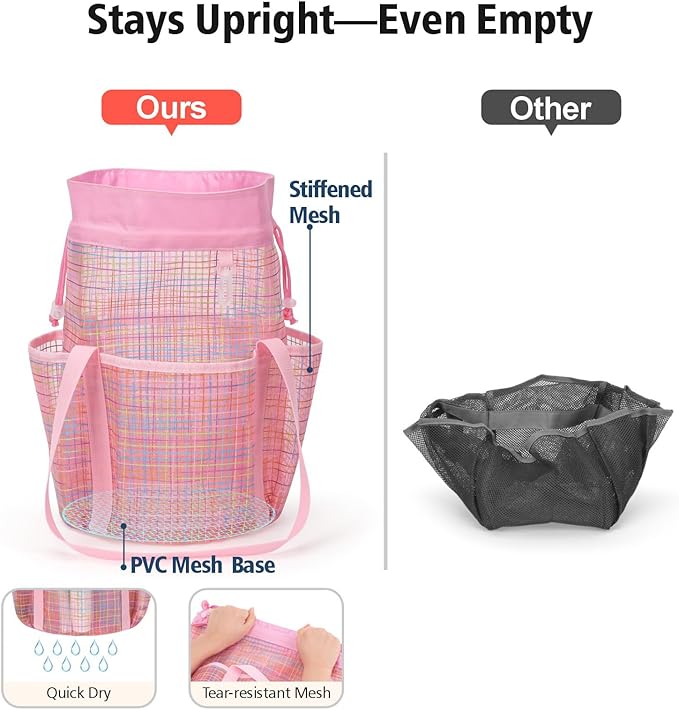 F-color Mesh Shower Caddy Portable with Drawstring - Tall 5 Pockets Dorm Room Essentials for Guys Girls with S Hook, Shower Bag Basket Tote for College Camping Travel Toiletry Bathroom, Pink Grid