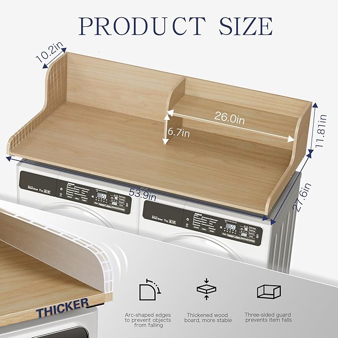 DTK Washer Dryer Wood Countertop with Shelf, Laundry Topper with Non-Slip Mat,27.55" Depth x 54" Width Dryer Covers for The Top with Edge Rails (Light Walnut)