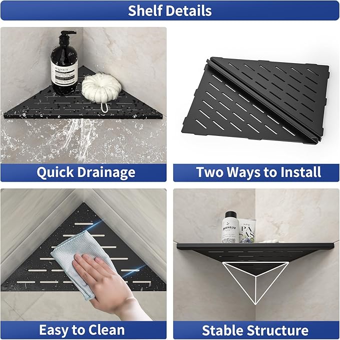 Corner Shower Shelf, 12" Matte Black 304 Stainless Steel Slot Design Recessed Corner Shelves 2 Pack Bathroom Grout in Shelf for Tiled Wall, Large Size
