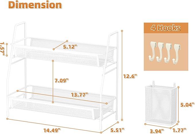 VITVITI 2-Tier Bathroom Organizer Countertop, Metal Wire Mesh Bathroom Counter Organizer Storage with Basket Hooks, Vanity Tray Shelf, Kitchen Spice Rack, White