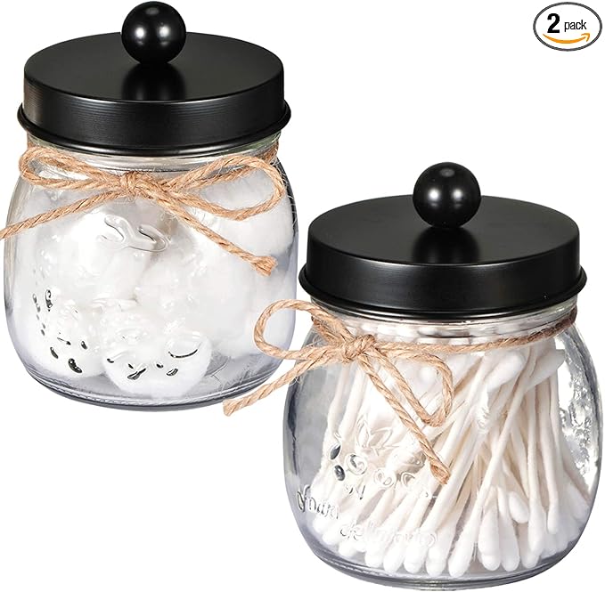 SheeChung 2 Pack Qtip Holders, Black Bathroom Decor, Cotton Swab Holders, Bathroom Jars, Restroom Decor for Cotton Balls, Pads, Floss Picks - Black