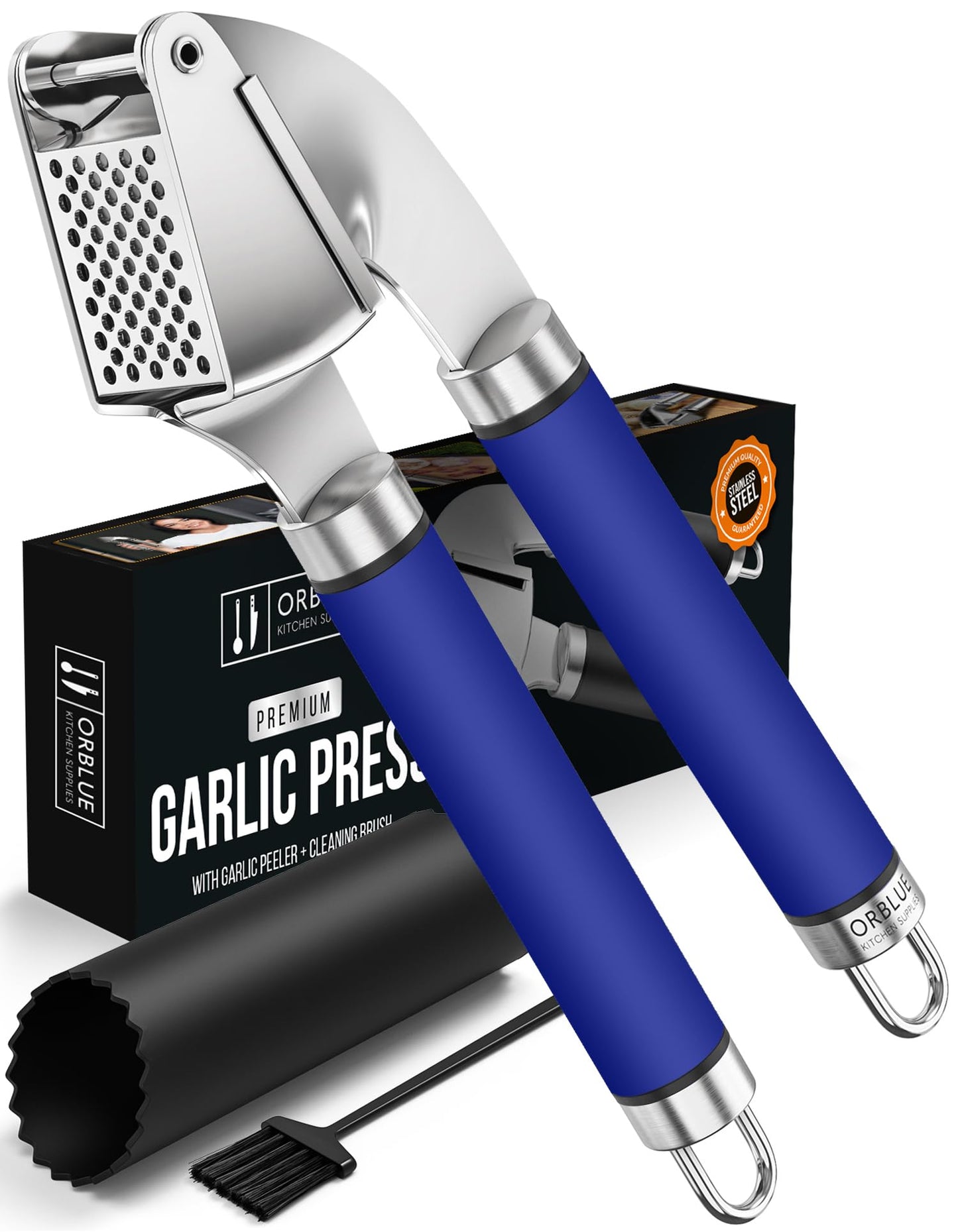 ORBLUE Garlic Press Stainless Steel - Premium Professional Grade Garlic Mincer, Crusher & Peeler Set - Easy Clean, Dishwasher Safe & Rust-proof