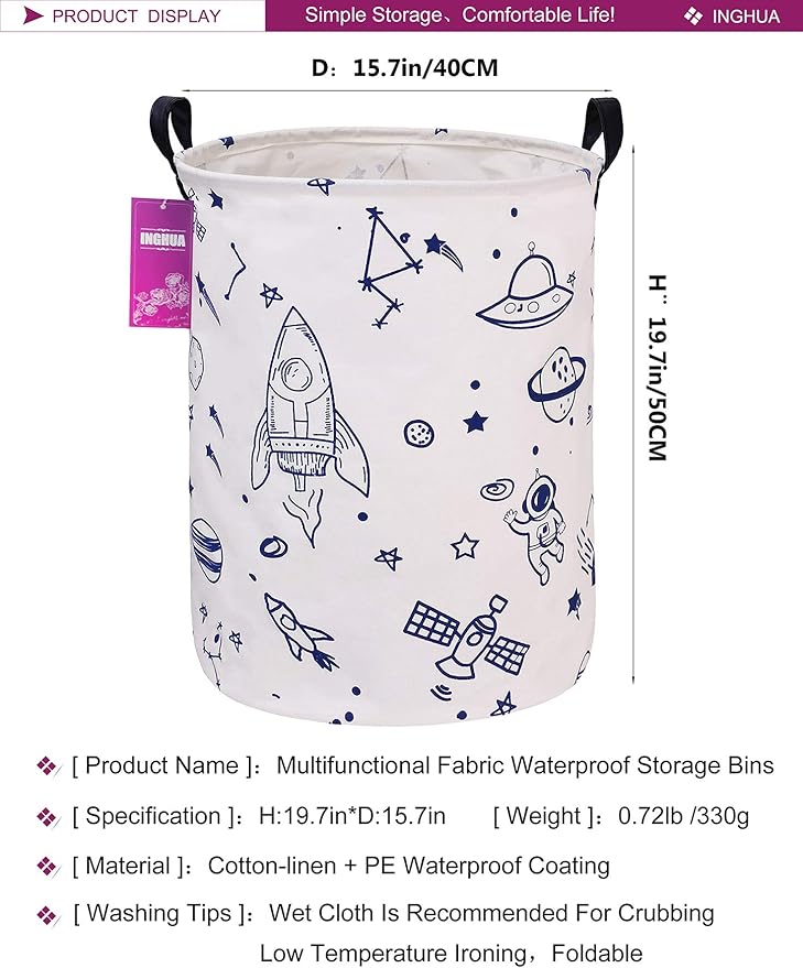 Laundry Hamper Large Canvas Fabric Lightweight Storage Basket/Toy Organizer/Dirty Clothes Collapsible Waterproof for College Dorms, Boys and Girls Bedroom,Bathroom(Spaceships)
