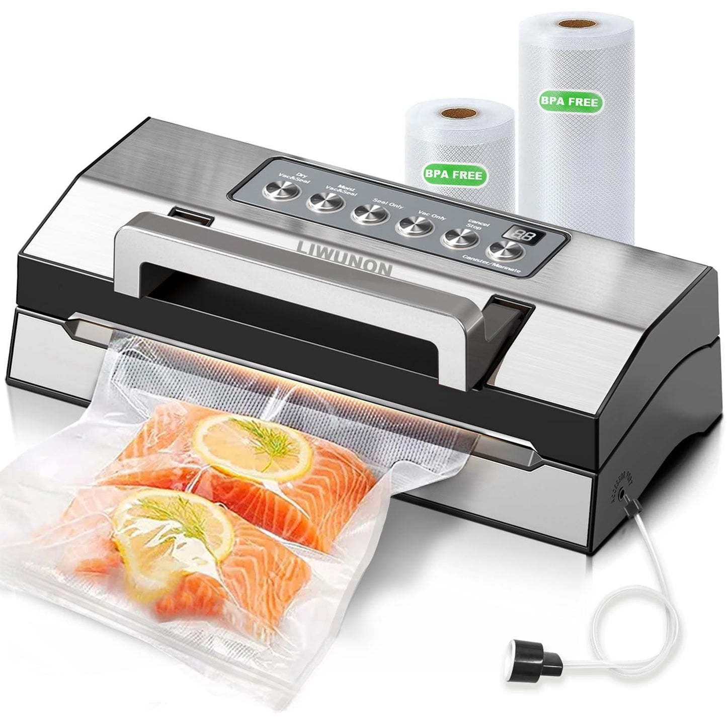 Powerful Suction Vacuum Sealer Machine,Commercial Fully Automatic Food Vacuum Sealer with Double Heat Seal,Dry & Moist Modes,Built-in Cutter,Bags Storage,Easy-Lock Handle,Include 2 Bag Rolls (Black)