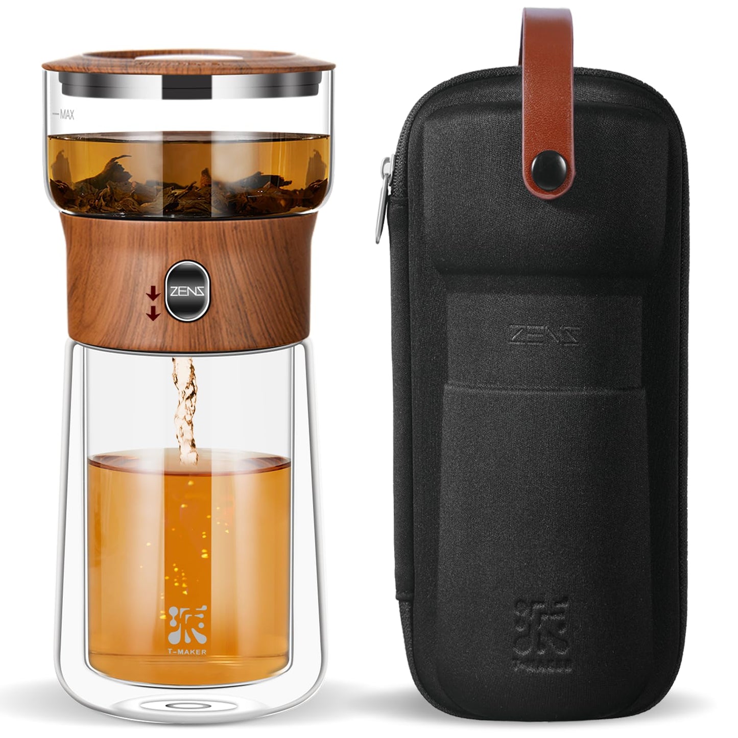 ZENS Glass Tea Infuser Pot, Modern One Touch Tea Maker for Tea Steeping