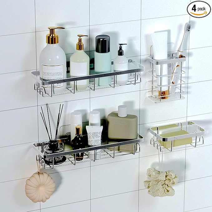 Shower Caddy Organizer with Hooks,Self Adhesive Bathroom Shelves,No Drilling Bathroom Organizers and Storage,Perfect for RV, Apartment, Home Decor,Silvery 4PCS