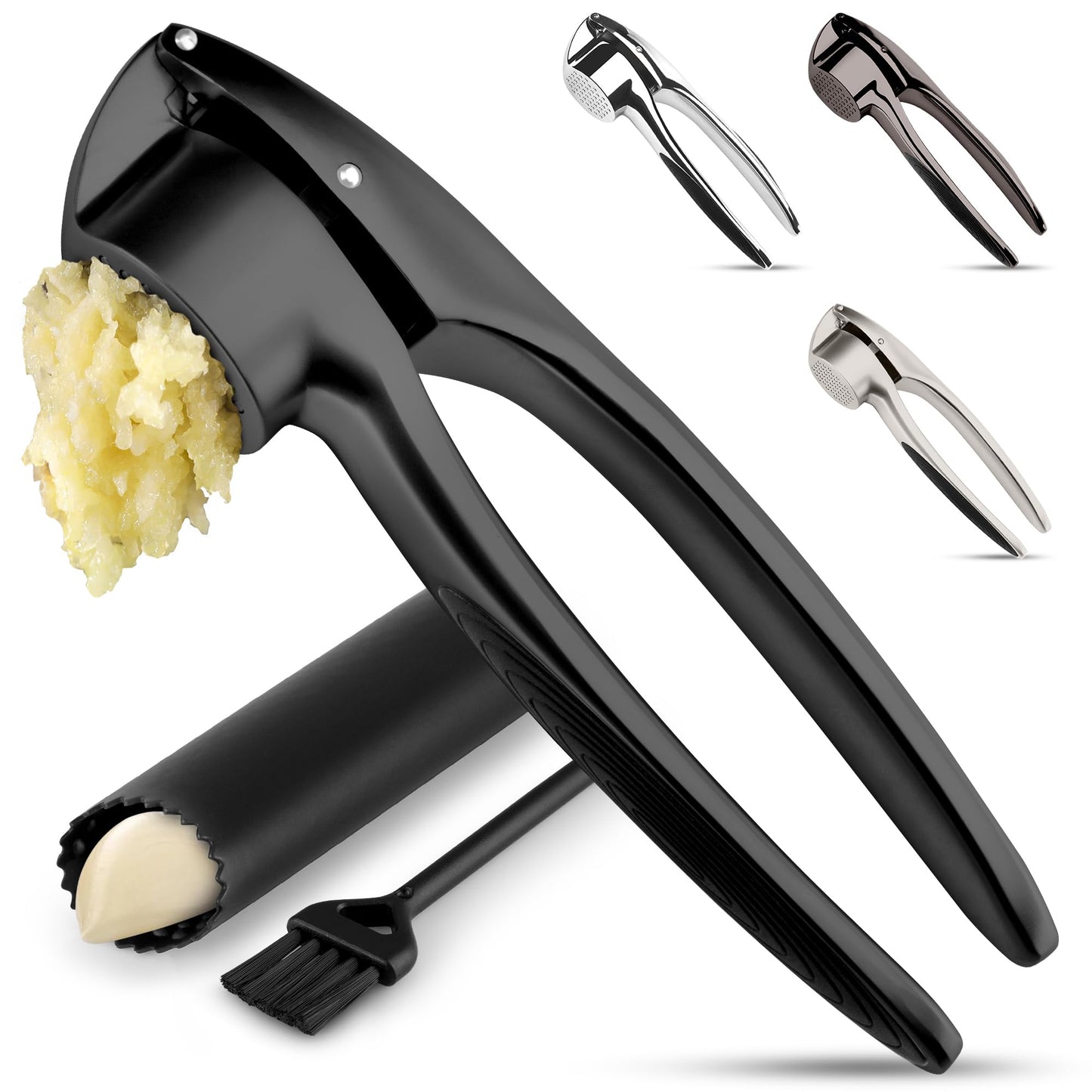 Zulay Kitchen Premium Garlic Press Set – Rust Proof & Dishwasher Safe Garlic Mincer Tool with Silicone Garlic Peeler & Brush, Easy Squeeze & Clean, Ergonomic Soft Grip Handle - Medium – Chrome