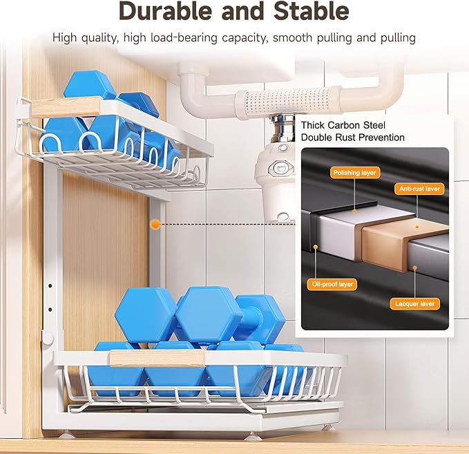 2 Packs Under Sink Organizer, Height Adjustable 2 Tier Under Kitchen sink organizer, Multi-Purpose Storage Shelf for Kitchen Bathroom Cabinet (White, Large)