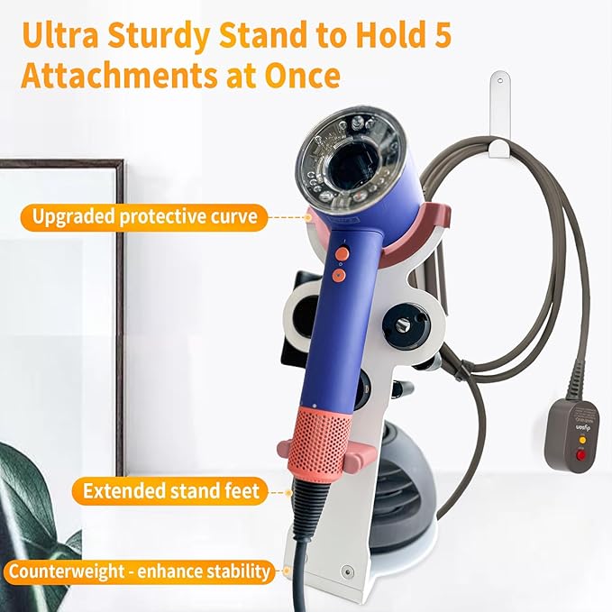 Hair Dryer Holder Stand for Dyson Hair Dryer, Upgraded Dyson Hair Dryer Holder Dyson Hair Dryer Stand Pink to Store 5 Dyson Hair Dryer Attachments with Cable Hook