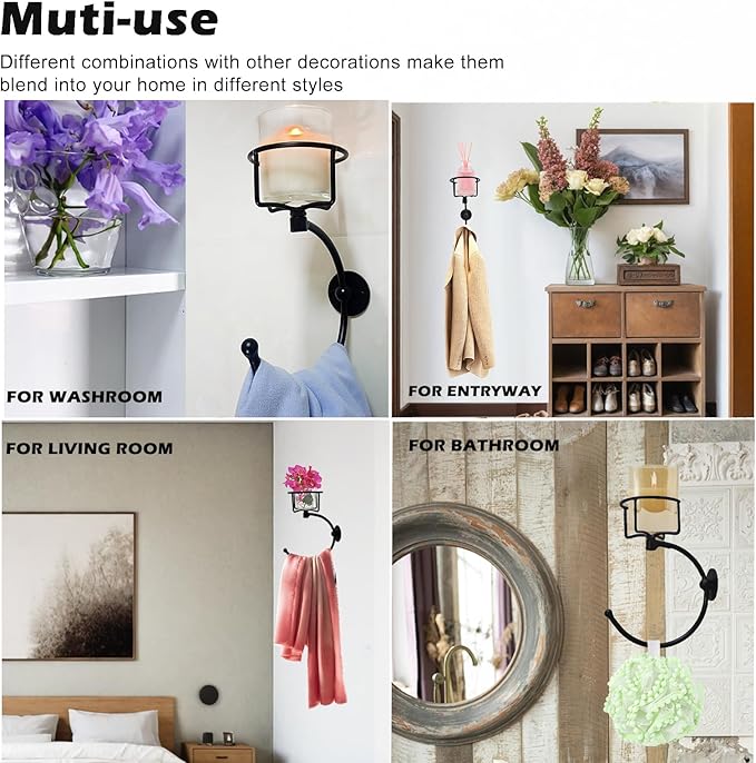 Hand Towel Holder, Matt Black Hand Towel Ring for Bathroom Wall Mounted, Heavy Duty Towel Hook with Candle Holder for Bathroom Wall Decoration