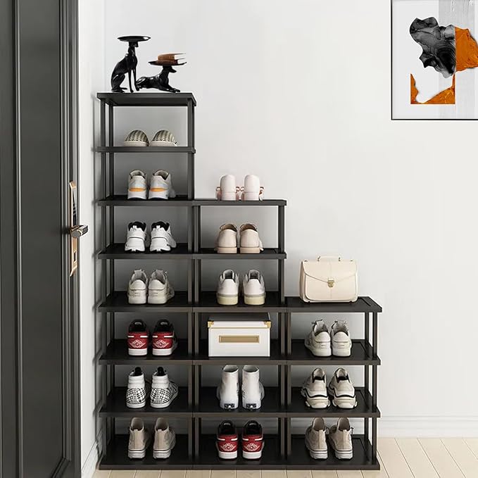 Vertical Shoe Rack - Tall Narrow Shoe Rack Organizer for Small Spaces,12 Tier Bamboo Shoen Shelf for Entryway,Closet,Corner,Doorway,Skinny Shoe Shelf Space Saving Shoe Storage,Free Stackable DIY