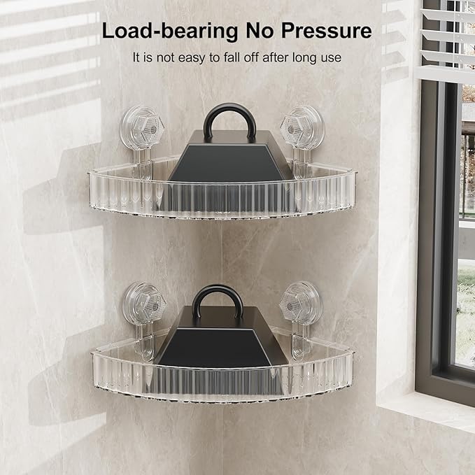 Corner Shower Caddy Suction Cup Bathroom Shower Organizer for Bathroom Storage Home Decor & Kitchen No Drilling Capacity Removable and Reusable Shower Shelves for Inside. (clear, corner)
