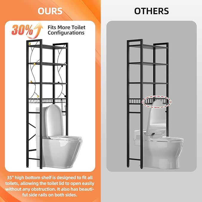 Over-The-Toilet Storage Rack, 4-Tier Bathroom Organizer Shelf Over Toilet with Adjustable Shelf and Basket, Freestanding Space Saver Bathroom Shelves Above Toilet for Room (Oak Gray)