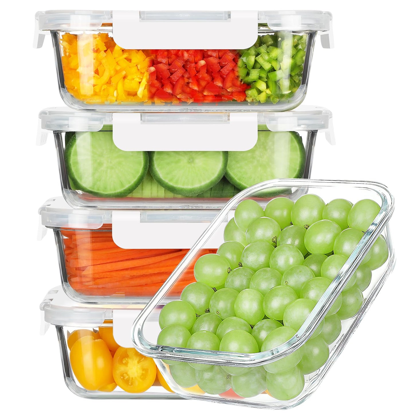 BAYZZ 5 Pack 35 Oz Glass Food Storage Containers with Lids, Gray