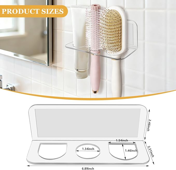 2-Pack Acrylic Hair Brush Holder Wall Mounted, Bathroom Organizer with Industrial Adhesive for Combs, Round Brushes, Hair Tools, Space Saving Design (Transparent)
