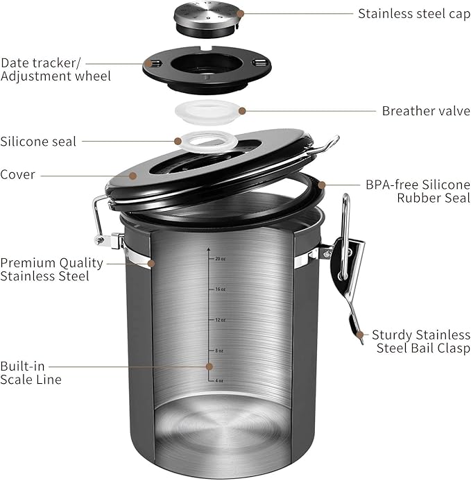 Veken Coffee Canister with Window,Airtight Stainless Steel Kitchen Food Storage Container, Date Tracker & Scoop for Grounds Coffee, Beans, Tea, Flour, Cereal,Sugar,22OZ,Grey (Pack of 2)