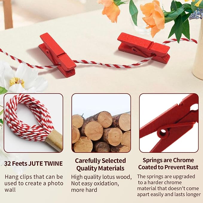 1.35 Inch Mini Clothes Pins100 PcsWith 32 Feet Jute Twine for Photo, Crafts, Pictures - Wooden Small Decorative Clothespins for Baby Shower (Red)