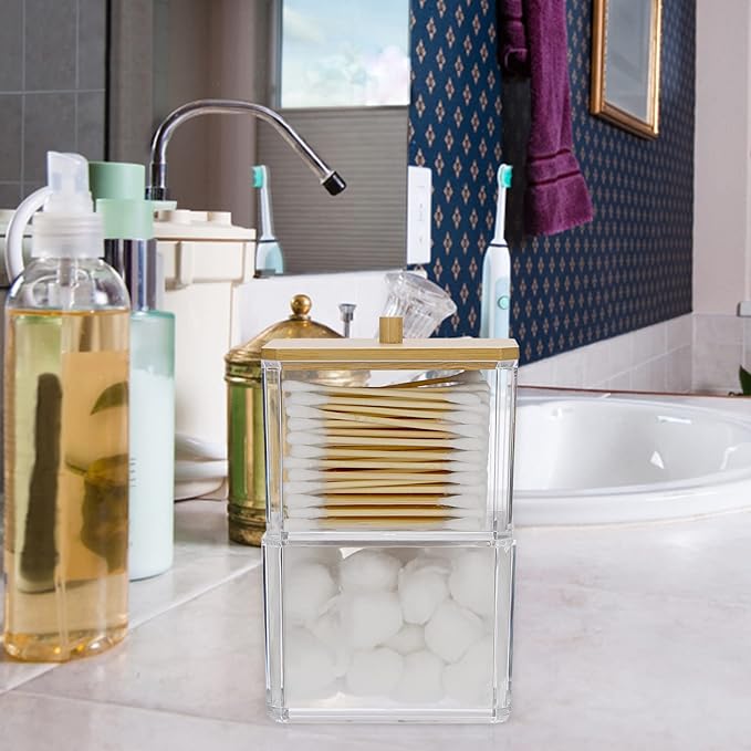 Hipiwe Clear Q-tip Dispenser Holder Acrylic Bathroom Containers 2-Tier Square Apothecary Jar with Lid Canister Cotton Swab and Ball Holder Vanity Storage Organizer for Cotton Round and Pads, Floss