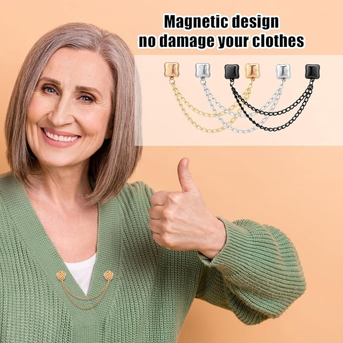 6pcs Magnetic Clothing Clips with Chain, Multi-Function Magnet Button Pins Hijab Cuff Clips for Fixing Hem of Clothes Long Pants Legs Sleeves of Shirts