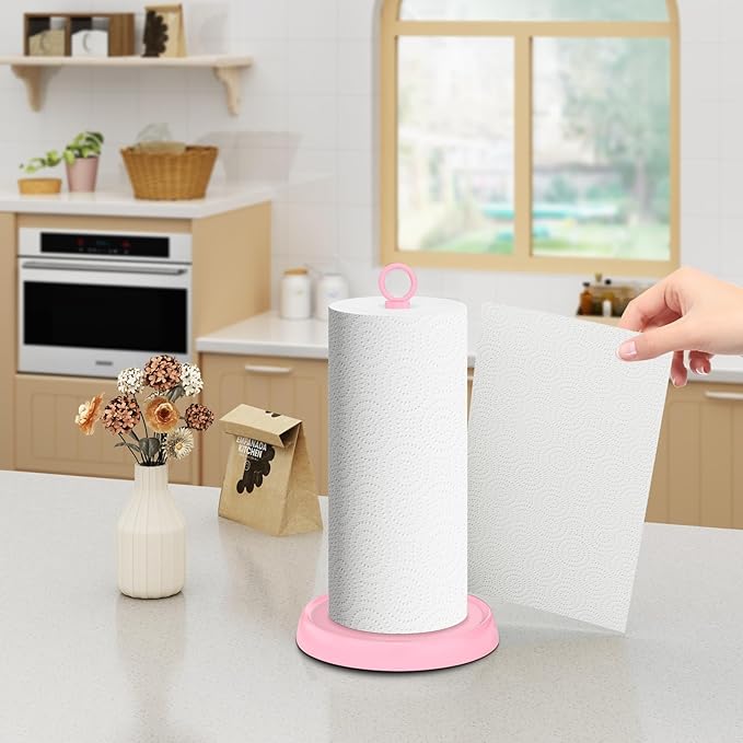 Pink Paper Towel Holder Countertop, Pink Kitchen Accessories Decor, Stainless Steel, Paper Towel Stand Holder for Bathroom Farmhouse Essentials with Weighted Base
