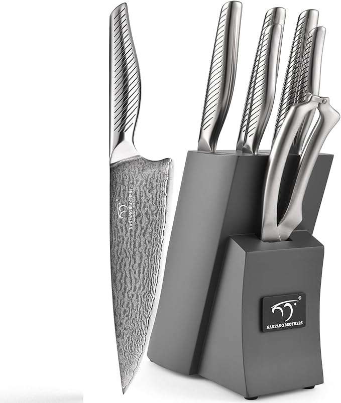 NANFANG BROTHERS® 10 Pieces Damascus Kitchen Knife Set, High Carbon Stainless Steel Damascus Steel Chef Knife Set, Stainless Steel Ergonomic Handle for Chef, with Built-in Sharpening Rod NF